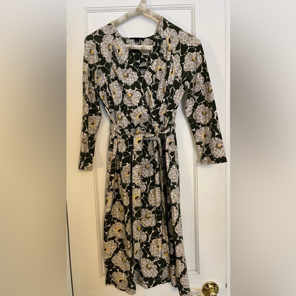 Lands' End Green and White Floral Patterned Faux Wrap Dress